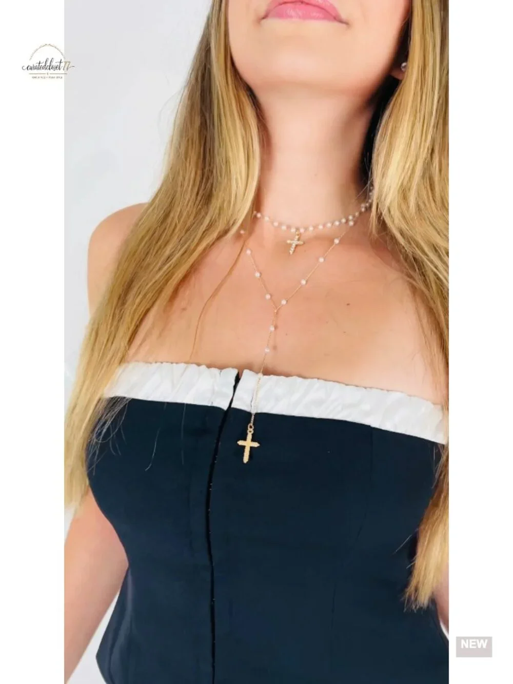 Layered Pearl Beaded Cross Necklace Set with Crystal Cross Pendant Dainty Gold